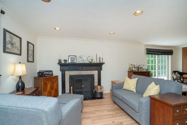 Fireplace, Interior, Living room, Recessed Lighting, Wood Texture Flooring