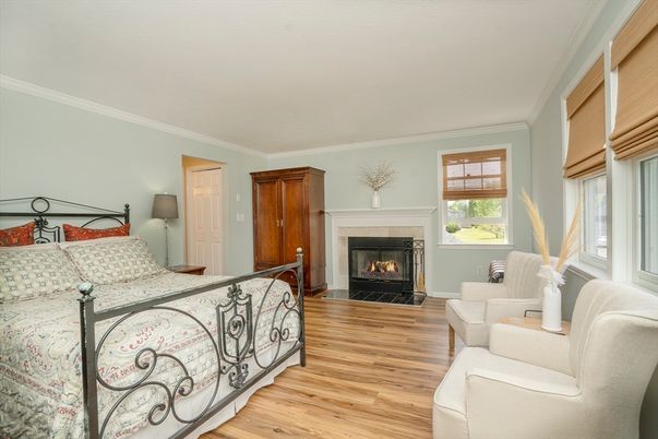 Bedroom, Fireplace, Interior, Wood Texture Flooring