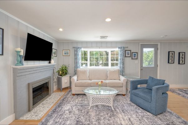 Fireplace, Interior, Living room, Recessed Lighting, Wood Texture Flooring