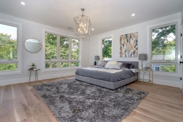 Bedroom, Interior, Pendant Lights, Recessed Lighting, Wood Texture Flooring