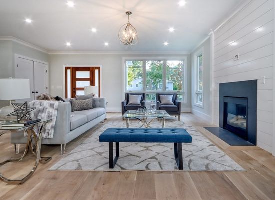 Fireplace, Interior, Living room, Pendant Lights, Recessed Lighting, Wood Texture Flooring