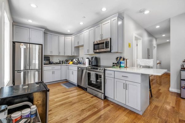 Interior, Kitchen, Recessed Lighting, Stainless Steel Appliances, Wood Texture Flooring