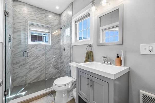 Bathroom, Glass Shower, Interior, Marble Walls, Recessed Lighting
