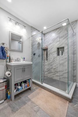 Bathroom, Glass Shower, Interior, Marble Walls, Recessed Lighting