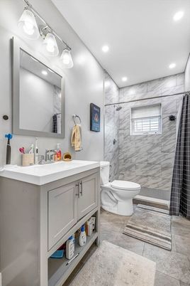 Bathroom, Glass Shower, Interior, Marble Walls, Recessed Lighting