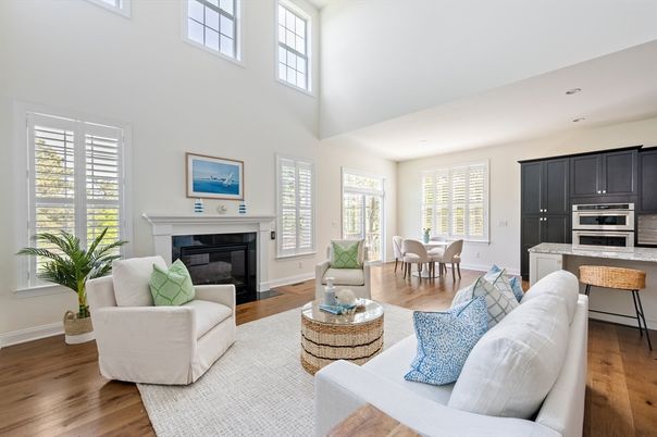 Dining room, Fireplace, Interior, Kitchen, Living room, Recessed Lighting, Stainless Steel Appliances, Wood Texture Flooring