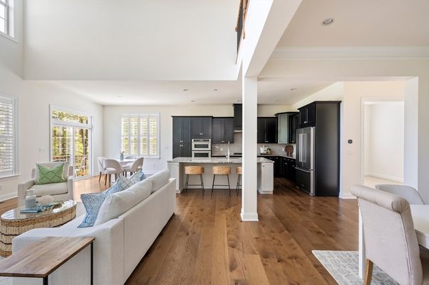 Dining room, Interior, Kitchen, Living room, Recessed Lighting, Stainless Steel Appliances, Wood Texture Flooring
