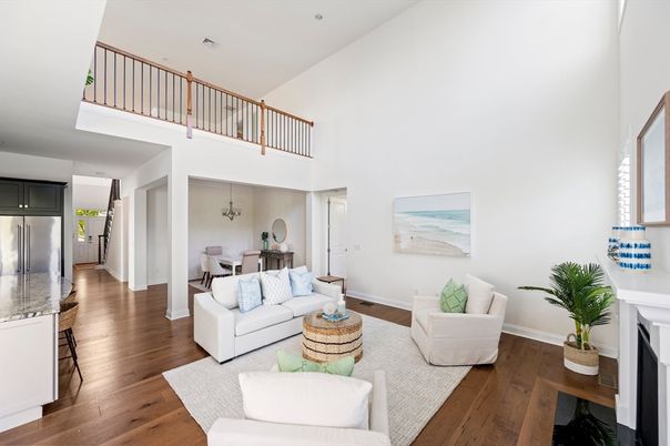Dining room, Fireplace, Interior, Living room, Recessed Lighting, Wood Texture Flooring