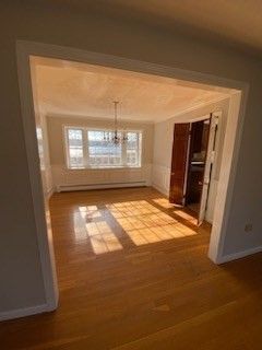 Chandelier, Empty room, Interior, Pendant Lights, Wood Texture Flooring