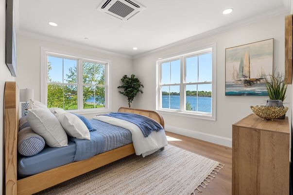 Bedroom, Interior, Recessed Lighting, Water, Wood Texture Flooring