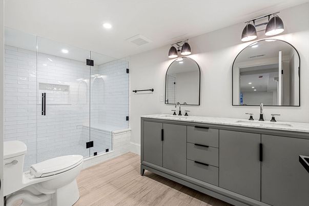 Bathroom, Dual Sink Vanities, Glass Shower, Interior, Recessed Lighting, Wood Texture Flooring