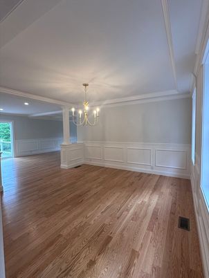 Chandelier, Empty room, Interior, Recessed Lighting, Wood Texture Flooring