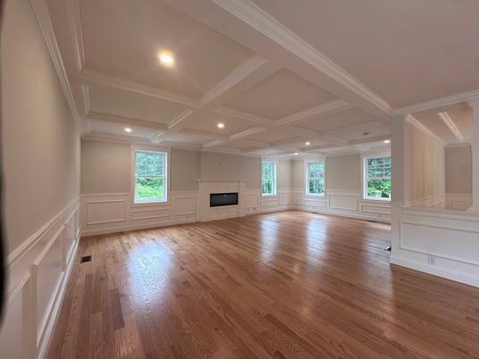 Empty room, Fireplace, Interior, Recessed Lighting, Wood Texture Flooring