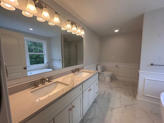 Bathroom, Dual Sink Vanities, Interior, Marble, Recessed Lighting