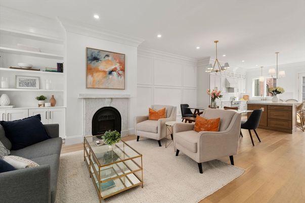 Dining room, Fireplace, Interior, Kitchen, Living room, Pendant Lights, Recessed Lighting, Wood Texture Flooring