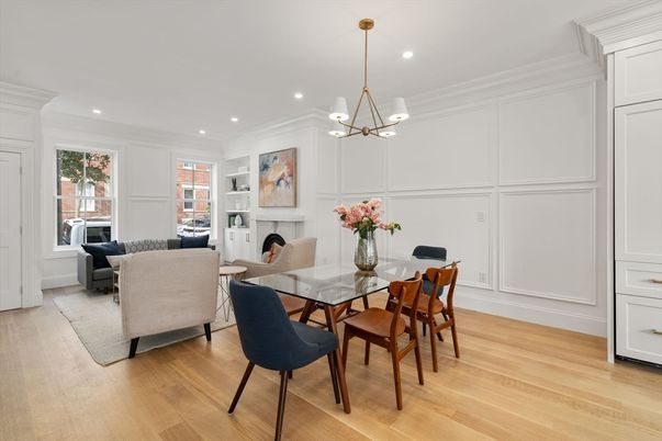 Dining room, Fireplace, Interior, Living room, Pendant Lights, Recessed Lighting, Wood Texture Flooring
