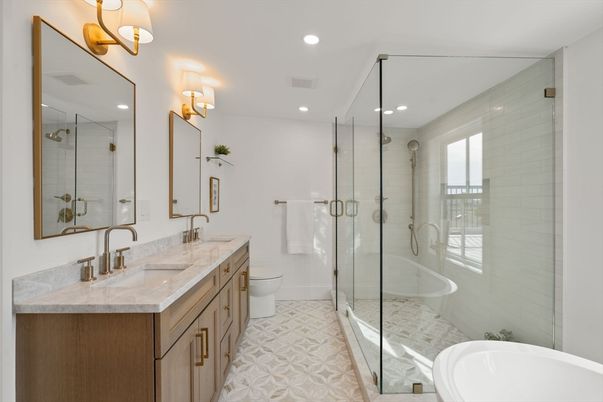 Bathroom, Dual Sink Vanities, Glass Shower, Interior, Recessed Lighting