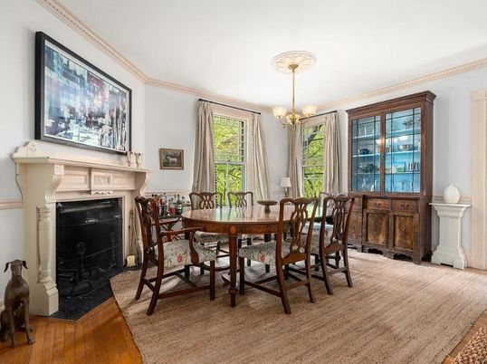 Chandelier, Dining room, Fireplace, Interior, Wood Texture Flooring