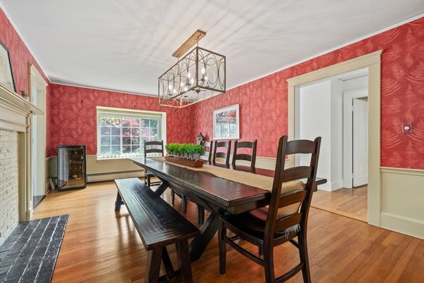 Dining room, Fireplace, Interior, Wood Texture Flooring
