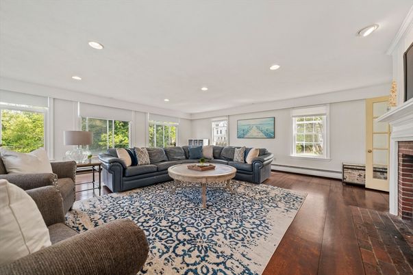 Fireplace, Interior, Living room, Recessed Lighting, Wood Texture Flooring
