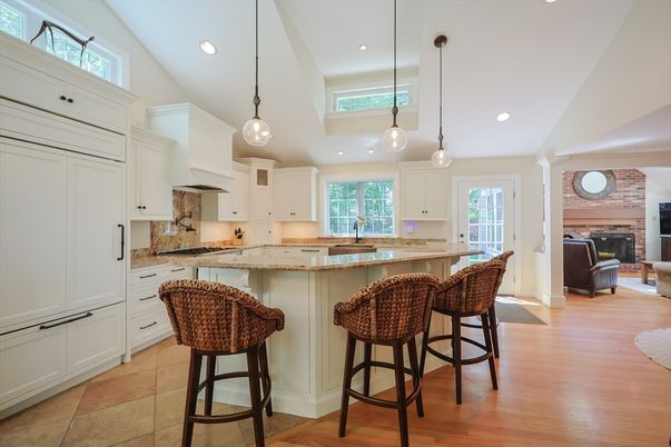Fireplace, Interior, Kitchen, Pendant Lights, Recessed Lighting, Stone Walls, Wood Texture Flooring