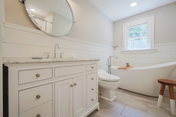 Bathroom, Free Standing Baths, Interior, Recessed Lighting, Wood Texture Flooring