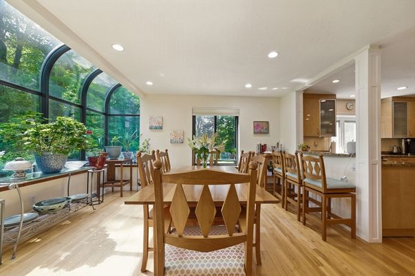 Dining room, Interior, Kitchen, Recessed Lighting, Wood Texture Flooring