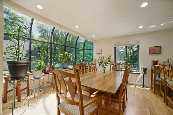Dining room, Interior, Recessed Lighting, Wood Texture Flooring