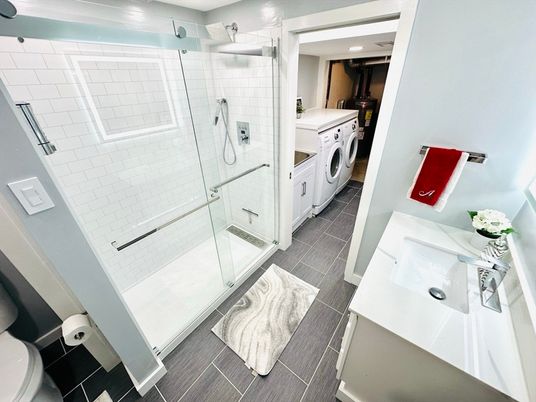 Bathroom, Glass Shower, Interior, Recessed Lighting, Washer