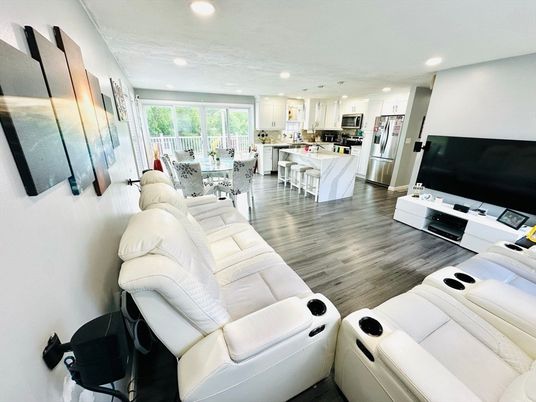 Home Theatre Room, Dining room, Interior, Kitchen, Living room, Recessed Lighting, Stainless Steel Appliances, Wood Texture Flooring