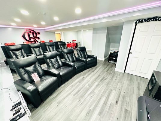 Home Theatre Room, Interior, Recessed Lighting, Theatre Room, Wood Texture Flooring