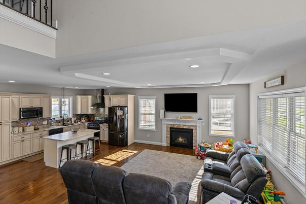 Fireplace, Interior, Kitchen, Living room, Pendant Lights, Recessed Lighting, Wood Texture Flooring