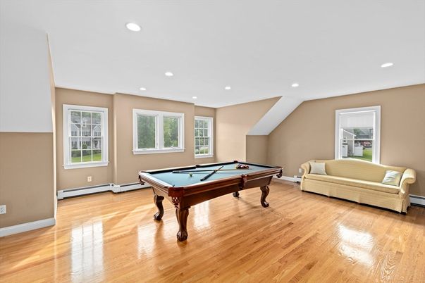Billiard Table, Game Room, Interior, Recessed Lighting, Wood Texture Flooring