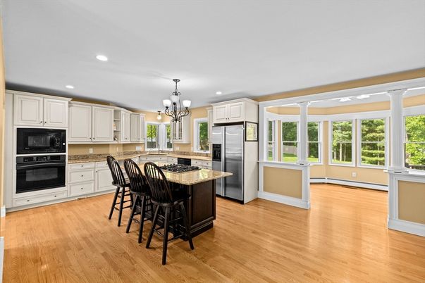 Chandelier, Interior, Kitchen, Pendant Lights, Recessed Lighting, Stainless Steel Appliances, Wood Texture Flooring