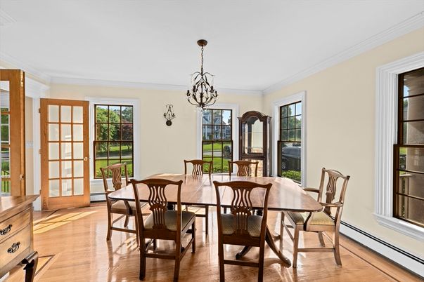 Dining room, Interior, Pendant Lights, Wood Texture Flooring