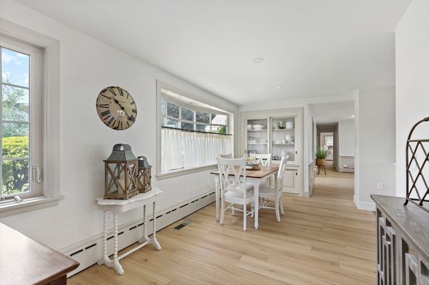 Dining room, Interior, Recessed Lighting, Wood Texture Flooring
