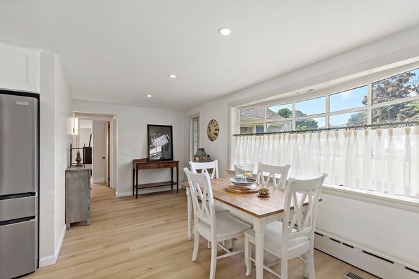 Dining room, Interior, Recessed Lighting, Wood Texture Flooring