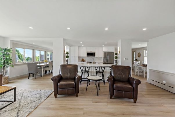 Dining room, Interior, Kitchen, Recessed Lighting, Stainless Steel Appliances, Wood Texture Flooring