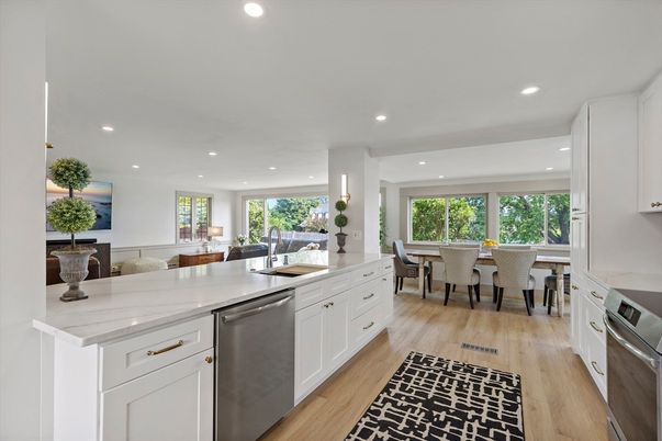 Dining room, Interior, Kitchen, Recessed Lighting, Stainless Steel Appliances, Wood Texture Flooring