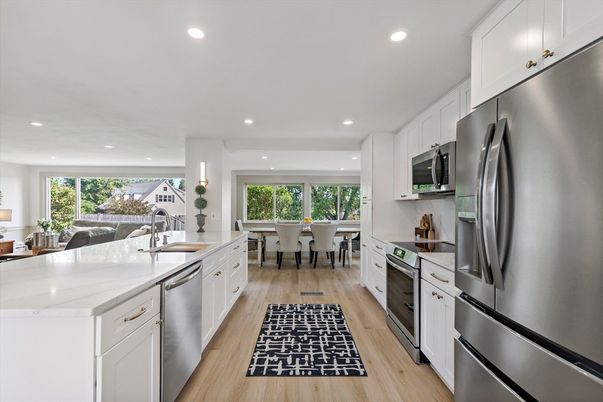Dining room, Interior, Kitchen, Recessed Lighting, Stainless Steel Appliances, Wood Texture Flooring