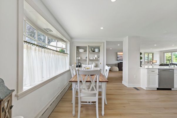 Dining room, Interior, Kitchen, Recessed Lighting, Wood Texture Flooring