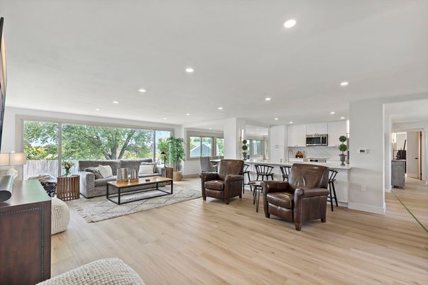 Interior, Kitchen, Living room, Recessed Lighting, Wood Texture Flooring