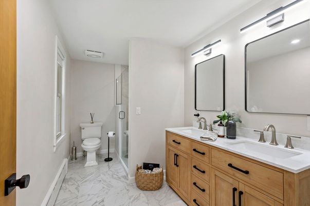 Bathroom, Dual Sink Vanities, Interior, Marble, Recessed Lighting