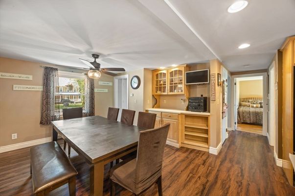 Dining room, Interior, Recessed Lighting, Wood Texture Flooring