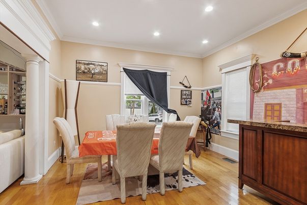 Dining room, Interior, Recessed Lighting, Wood Texture Flooring