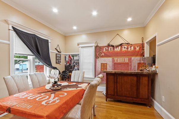 Dining room, Interior, Recessed Lighting, Wood Texture Flooring