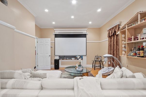 Interior, Living room, Projection Screen, Recessed Lighting, Wood Texture Flooring
