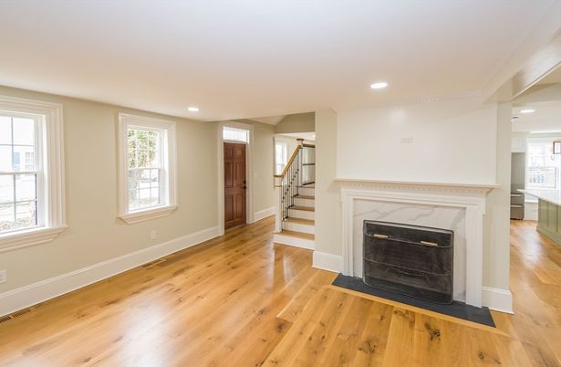 Empty room, Fireplace, Interior, Recessed Lighting, Wood Texture Flooring