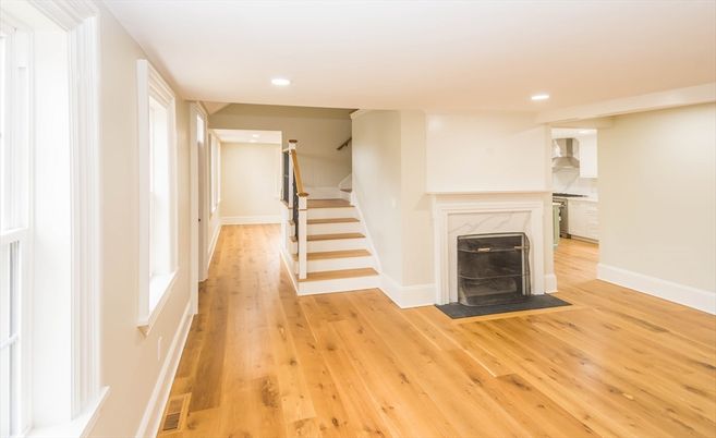 Fireplace, Interior, Recessed Lighting, Wood Texture Flooring