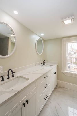 Bathroom, Dual Sink Vanities, Interior, Marble, Recessed Lighting